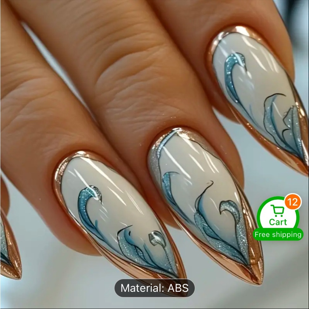 Blue Wave Gold Sparkle Tips Almond Shaped Nails